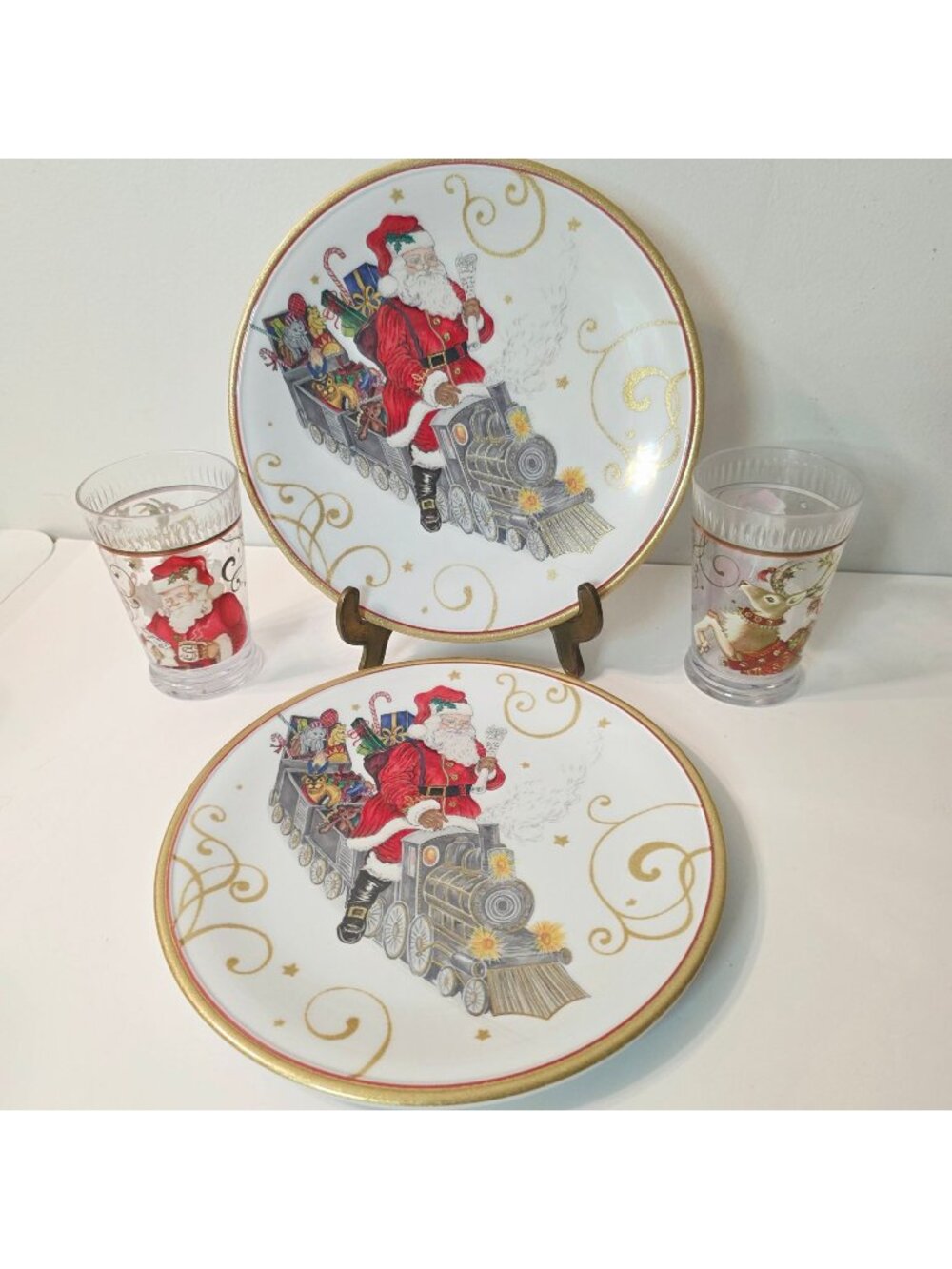2pc William Sonoma Melamine The Night Before Christmas Santa Train Plate Cup Set